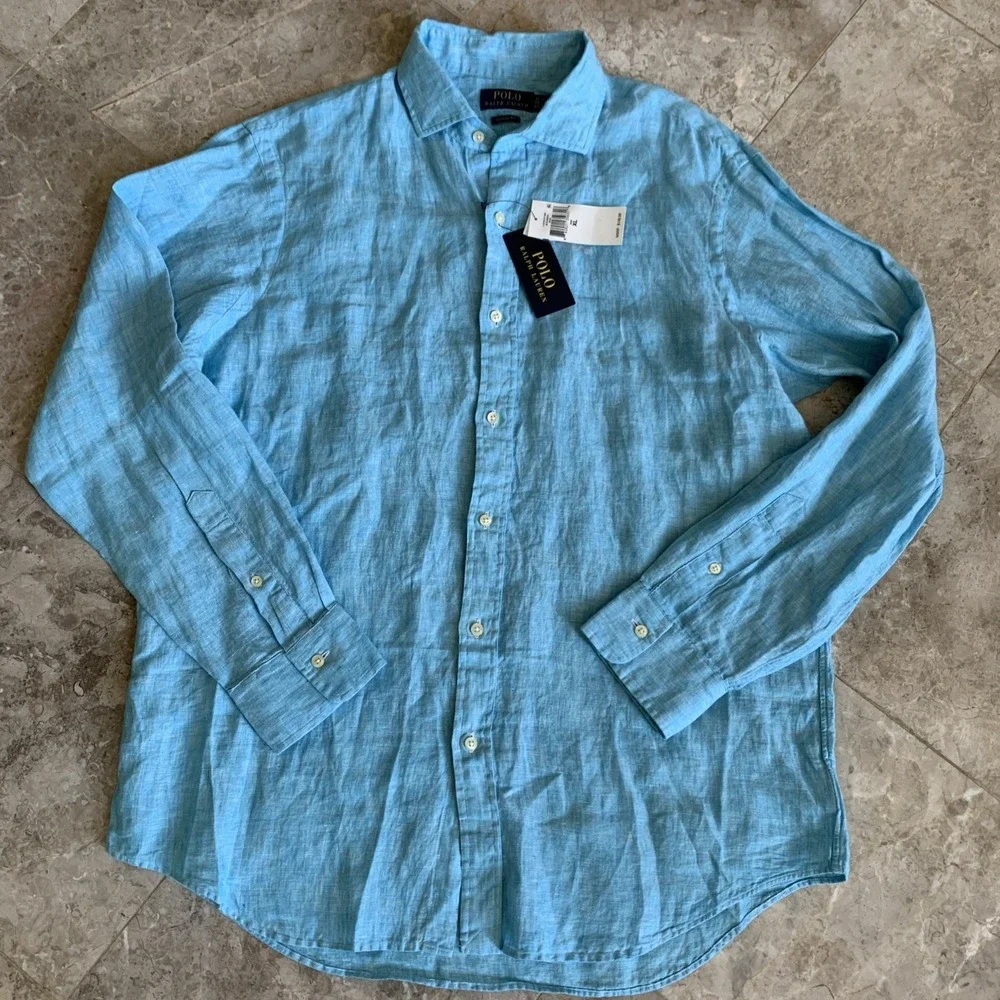 Polo Ralph Lauren 100% Linen Blue Long Sleeve Shirt Classic Fit Men's Size XL